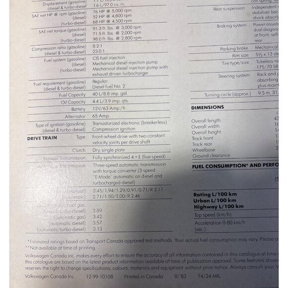 1983 Volkswagen Jetta Turbo Diesel GL Dealer Brochure - Picture 8 of 8